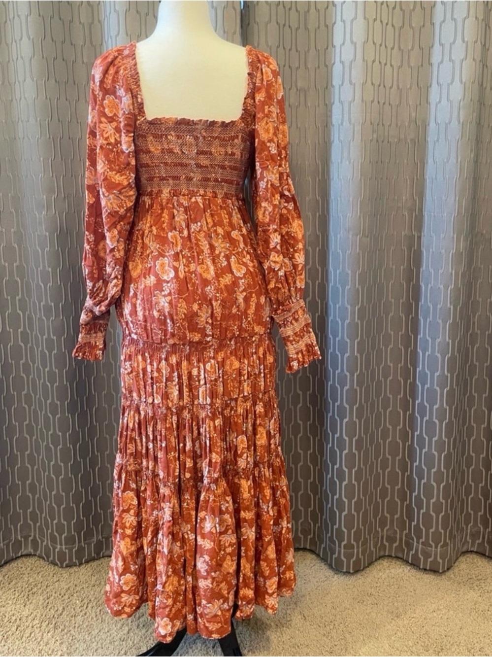 Free People Rust-Print Floral Smocked Maxi Dress